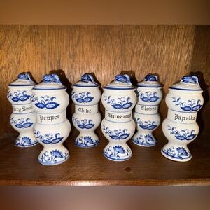 Rare Find - 1950s Arnart Japan “Blue Onion” Porcelain Spice Shakers Set of 6